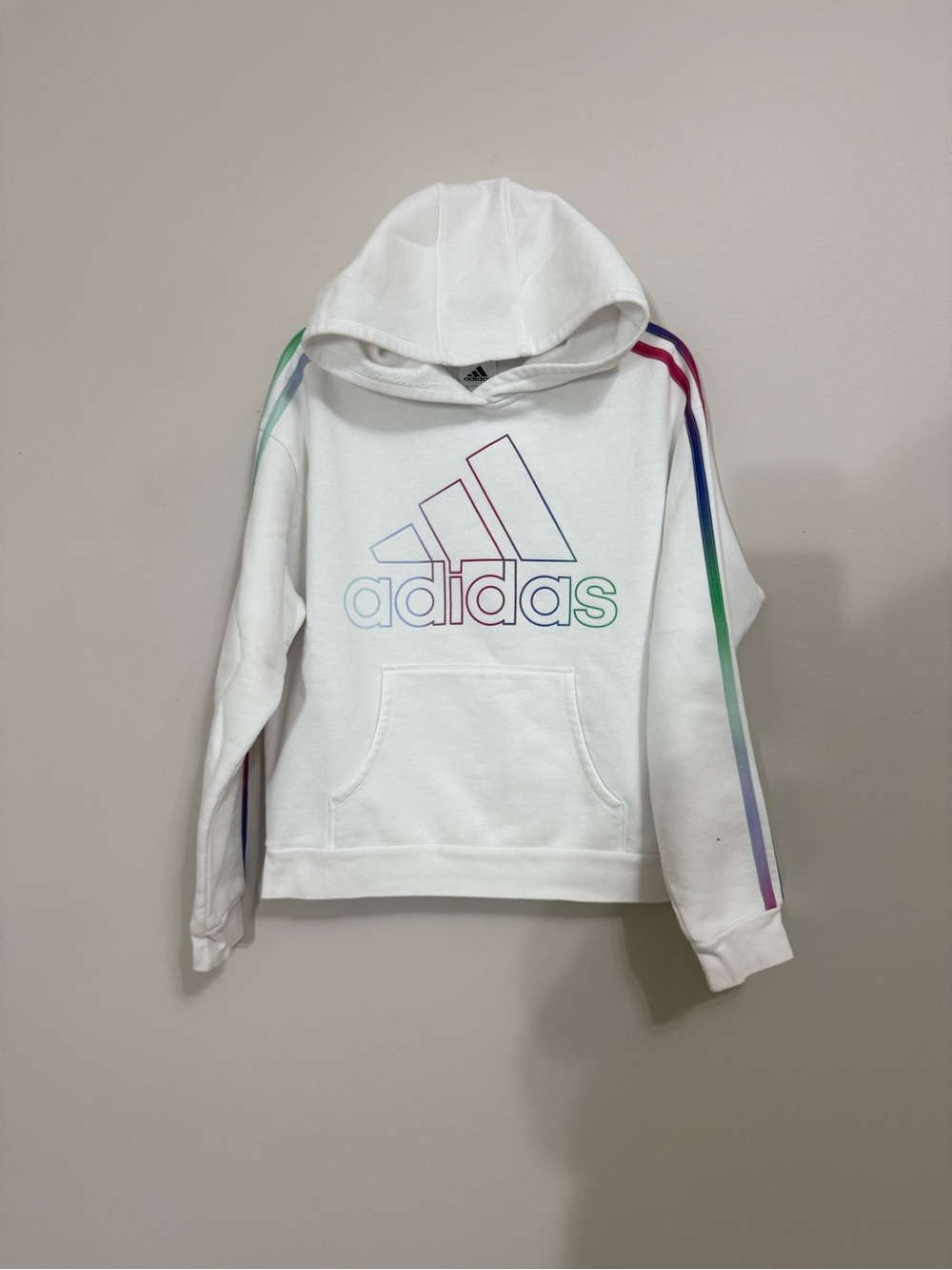 Adidas White Hoodie with Rainbow Logo and Sleeve Stripes , Size Large (14) Girls
